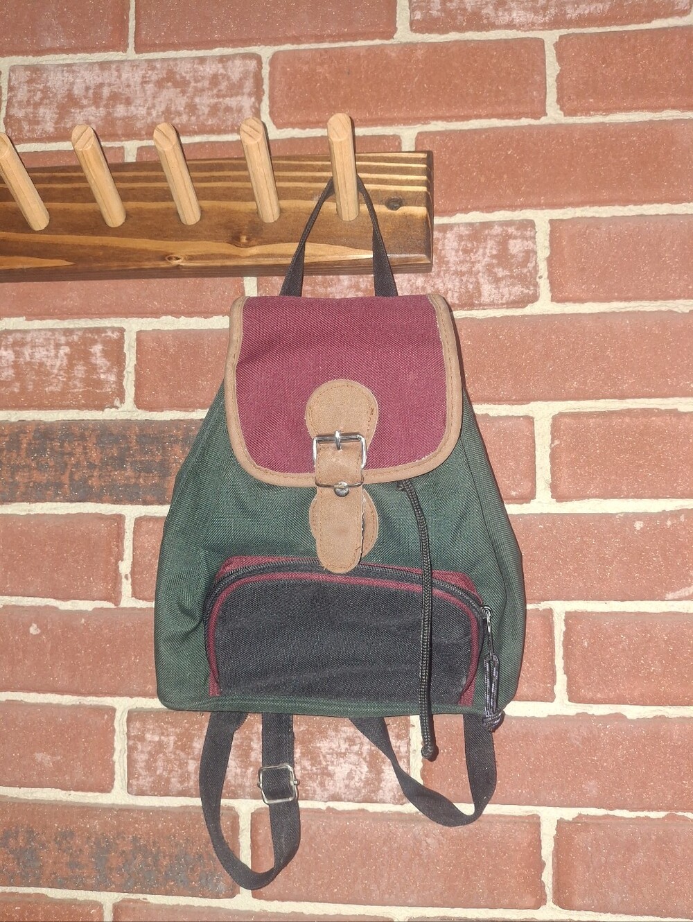 Canvas Colorblock Mini Backpack - Green & Burgundy